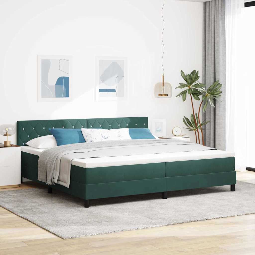 Box Spring Voodi Madratsiga & LED Tumedat Roheline 200x200 cm Samet