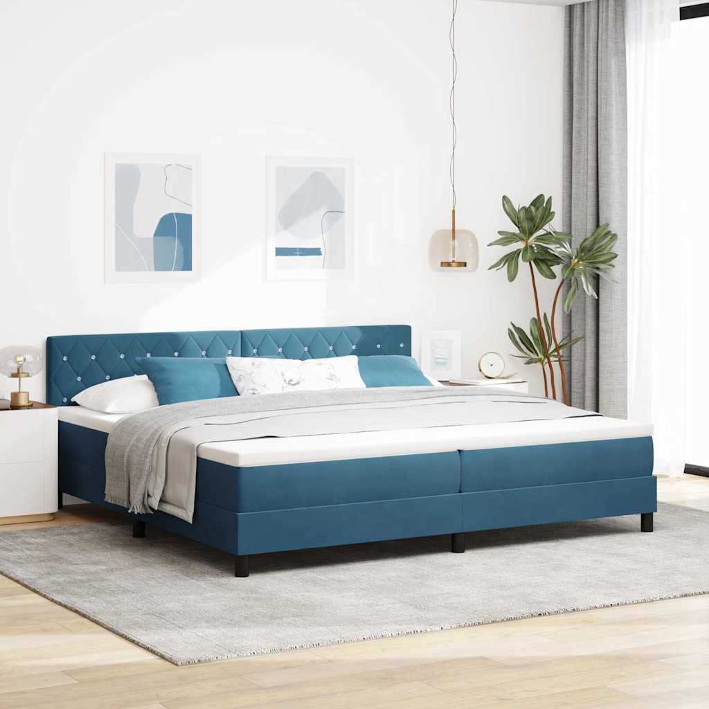 Box Spring Voodi koos Mattresse ja LED Valgusega Tume Sinine 200x200 cm Samet