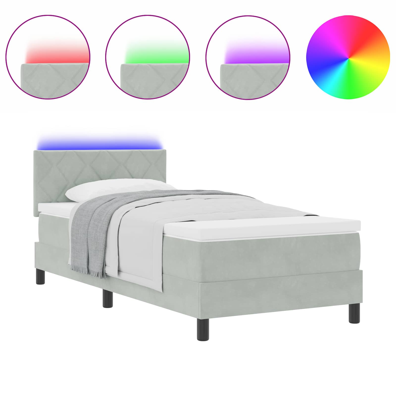 LED Box Spring Voodi madratsiga Helehall 90 x 190 cm Samet 48 Kõik vajalik sinu aeda ja koju! LED Box Spring Voodi madratsiga Helehall 90 x 190 cm Samet - Image 2