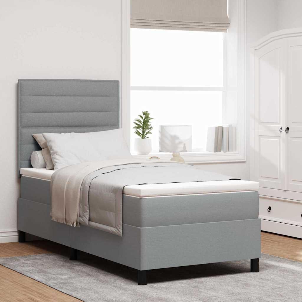 Box Spring voodi madratsiga & LED valgus helehall 90x200 cm kangas