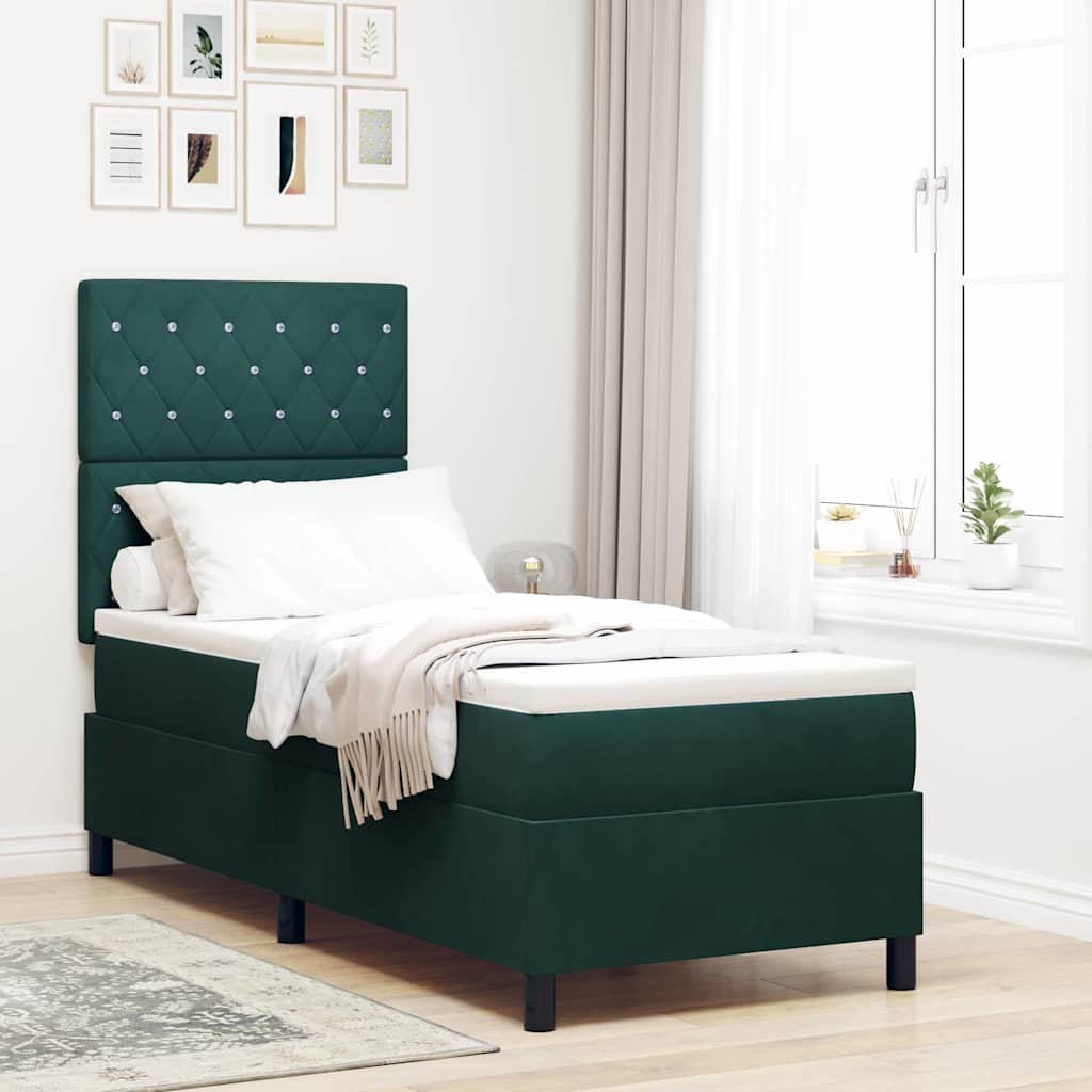 Box Spring voodi madratsiga & LED Tume roheline 80x200 cm Velvet