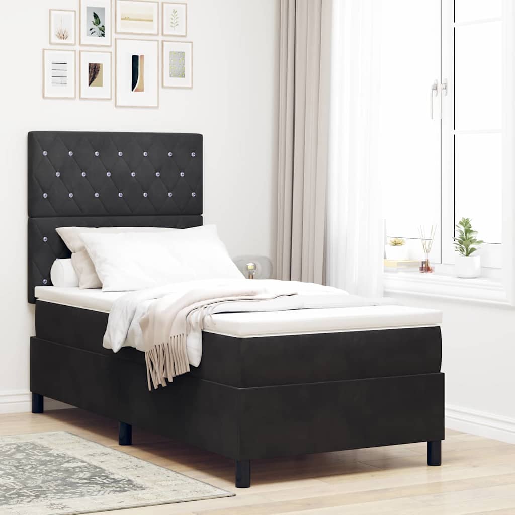 Box Spring voodi madratsi ja LEDiga Must 90x190 cm Samet