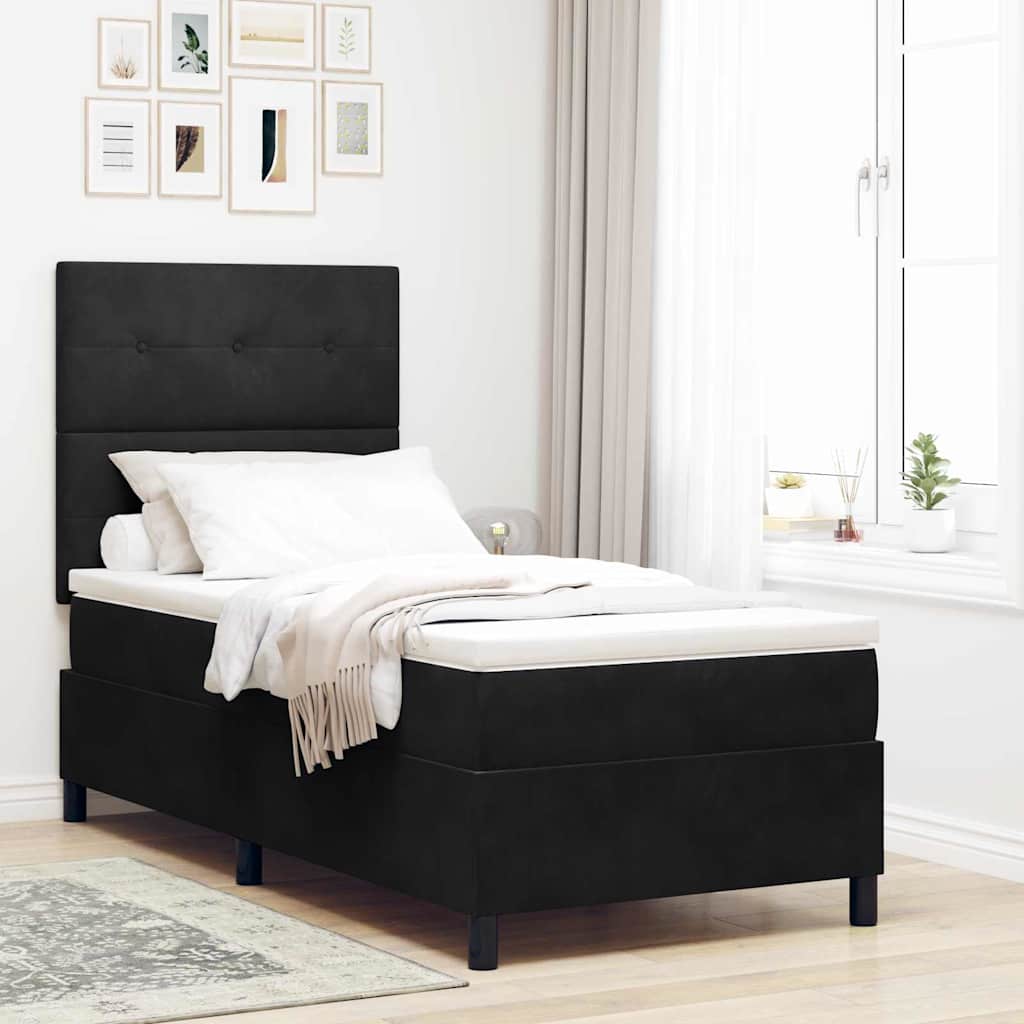 Kasti vedrustusvoodi madratsiga ja LEDiga Must 80x200 cm Samet