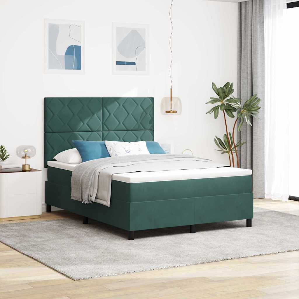 Box Spring Voodi Madratsiga & LED Tume Roheline 140x200 cm Velvet