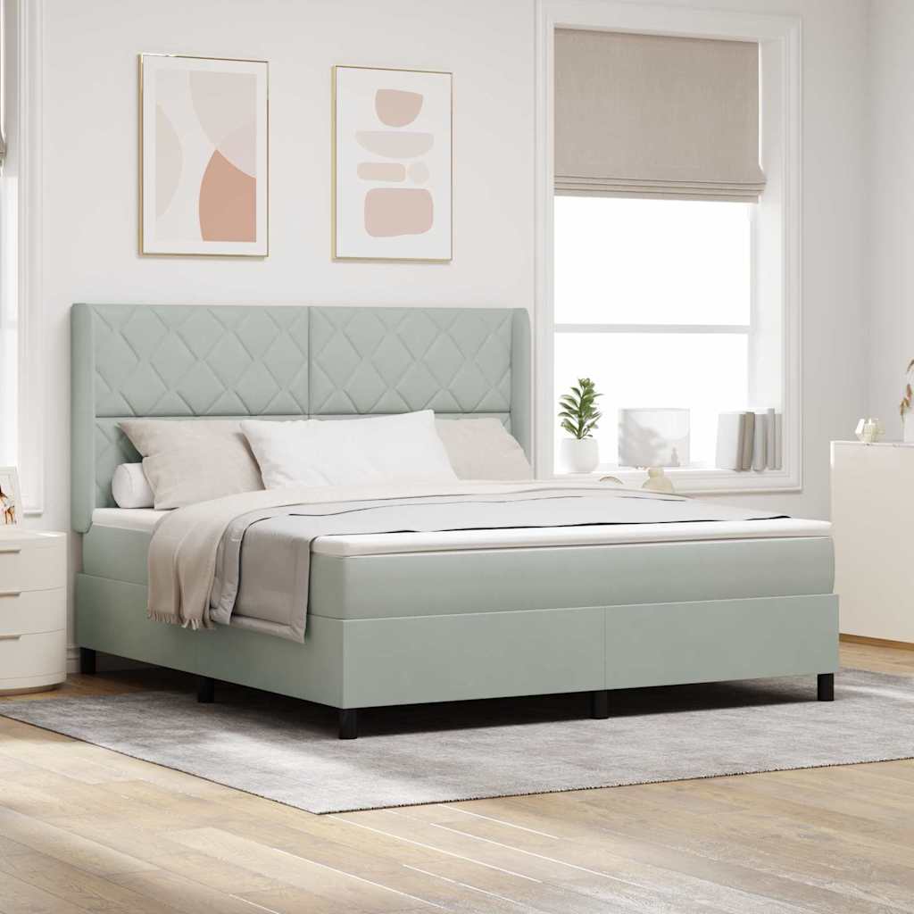 Box Spring Voodi Matressiga ja LED Valgusega Helehall 180x200 cm Samet