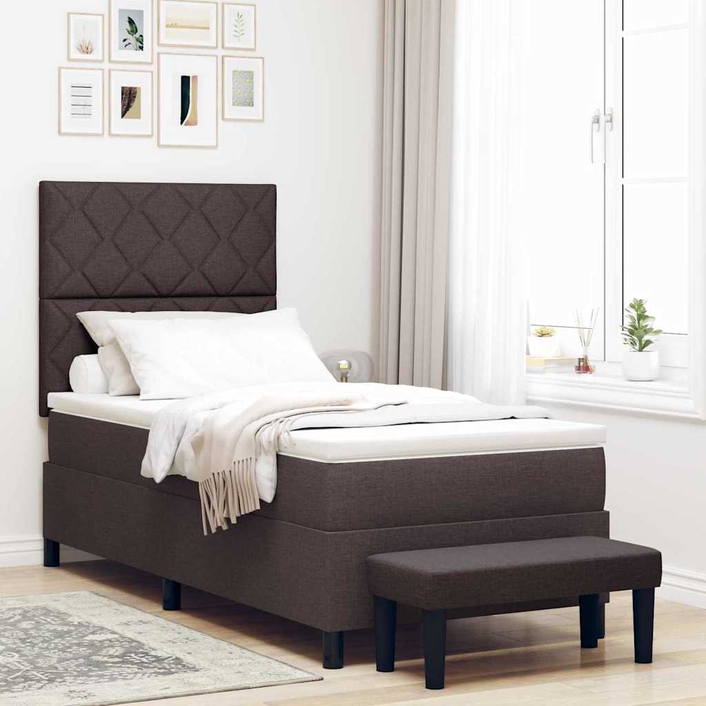 Box Spring Seng med Madras & Bænk Mørkebrun 90x190 cm Stof
