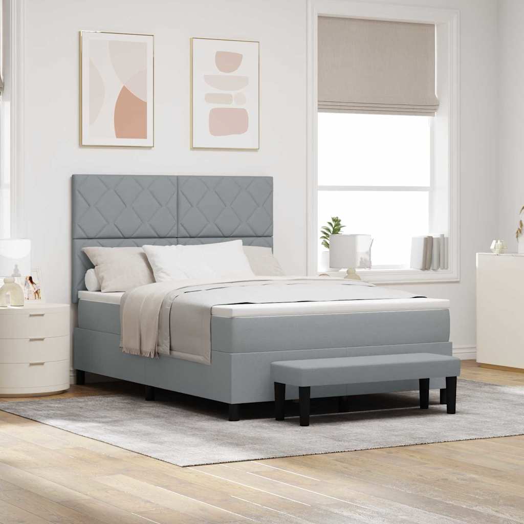 Box Spring Seng med Madras & Bænk Lysegrå 140x200 cm Stof
