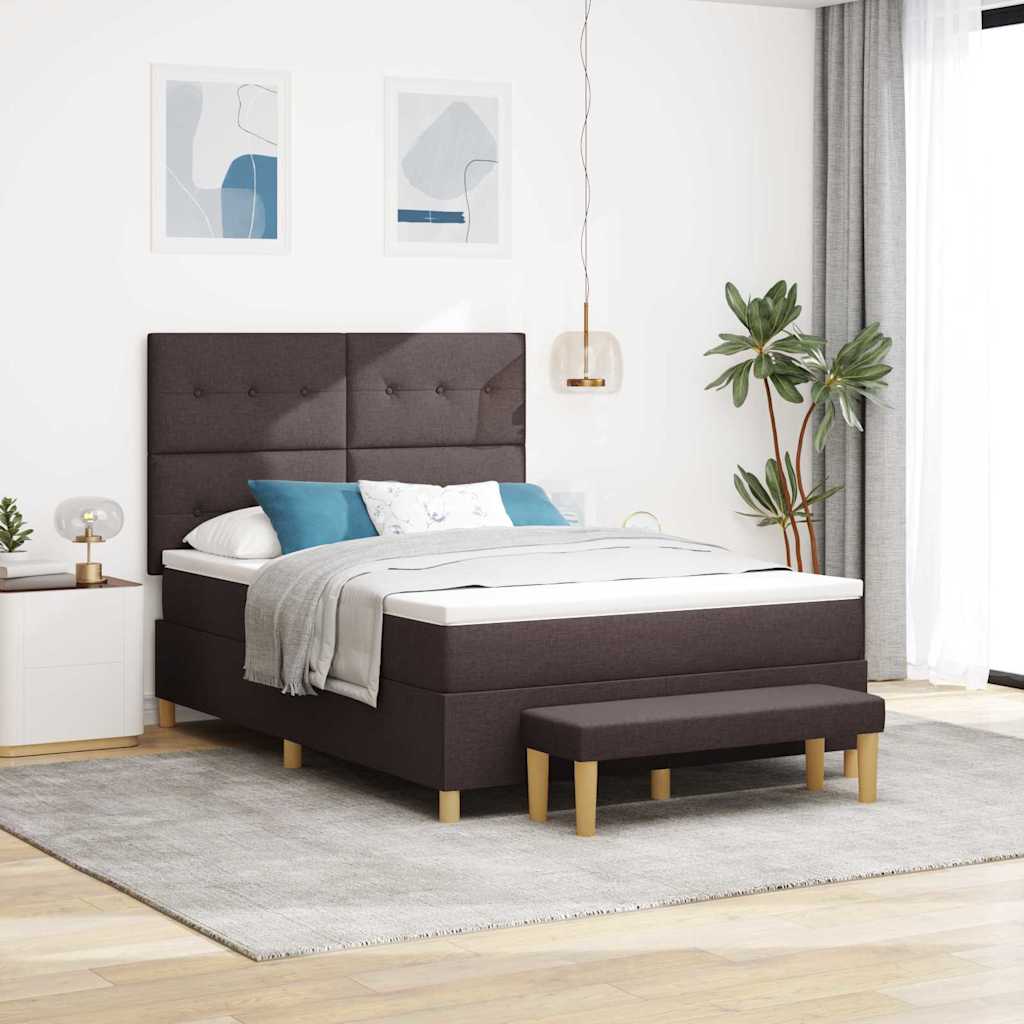 Boxspring Seng med Madras & Bænk Mørkebrun 140x190 cm Stof