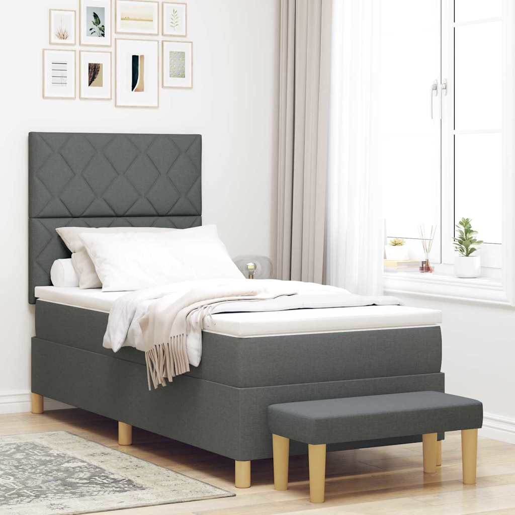 Cama con base con colchón y banco gris oscuro 100x200 cm tela