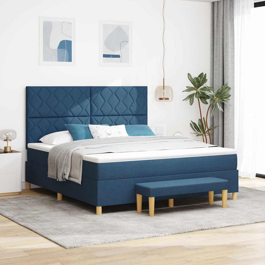 box spring voodi koos madratsi ja pingiga sinine 180x200 cm kangas