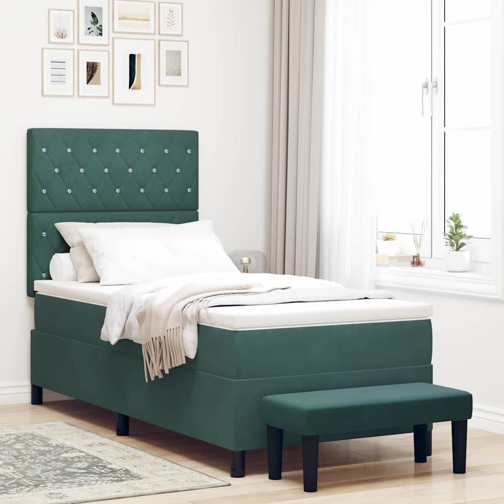 Box Spring Bed koos madratsi ja pingiga tumeroheline 90x190 cm samet