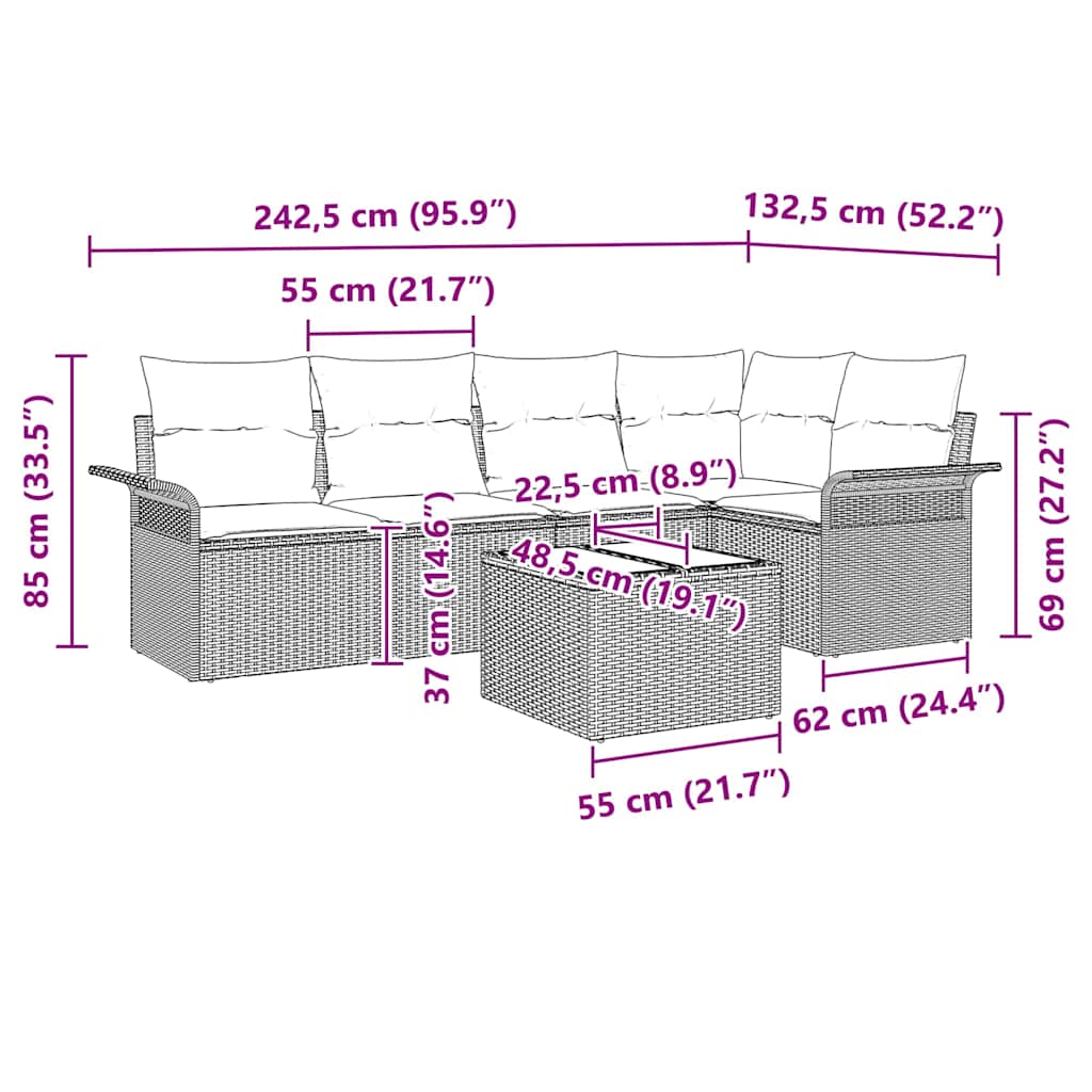Sada zahradních pohovek s polštářem 6 pcs Šedá Poly ratan - obrázek 17