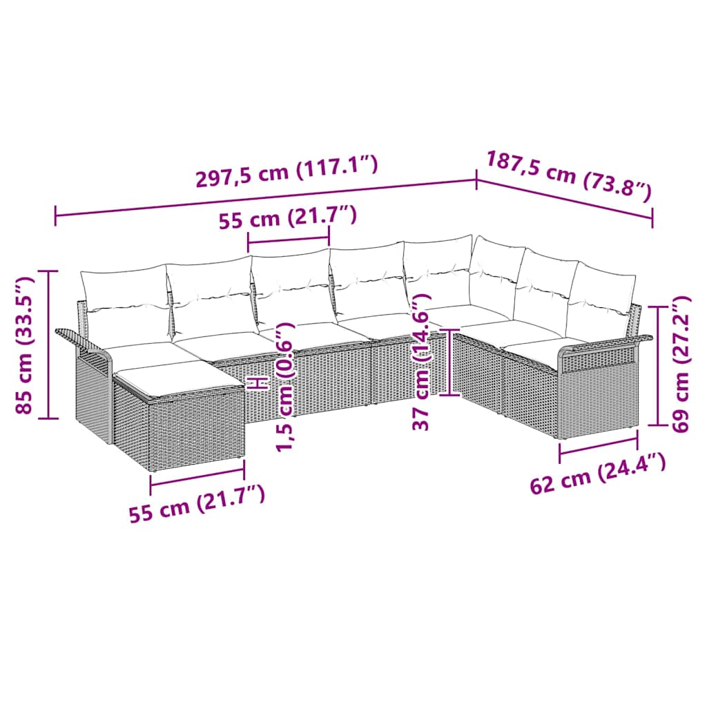 Sada zahradních pohovek s polštářem 8 pcs Béžová Poly ratan - obrázek 17