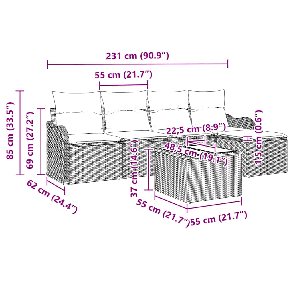 Sada zahradních pohovek s úložištěm 6 pcs Šedá polyratan - obrázek 14