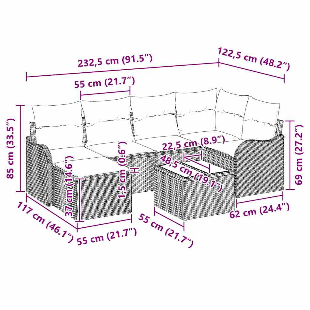 Sada zahradních pohovek s polštářem 7 pcs Černá Poly ratan - obrázek 15