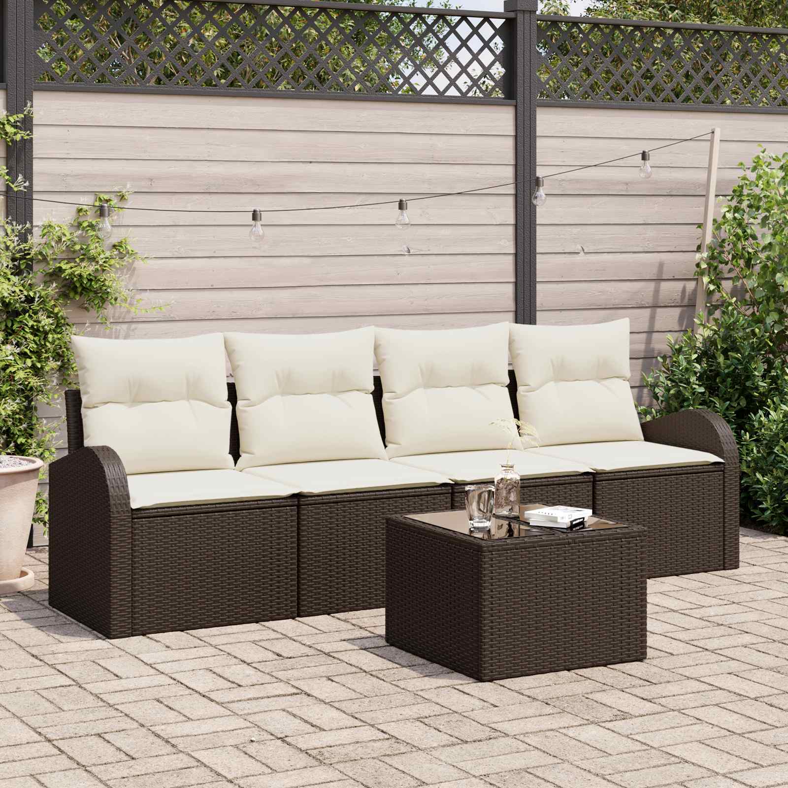vidaXL Trädgårdsoffset 5 pcs 4-Seater Brun och gräddvit konstrotting