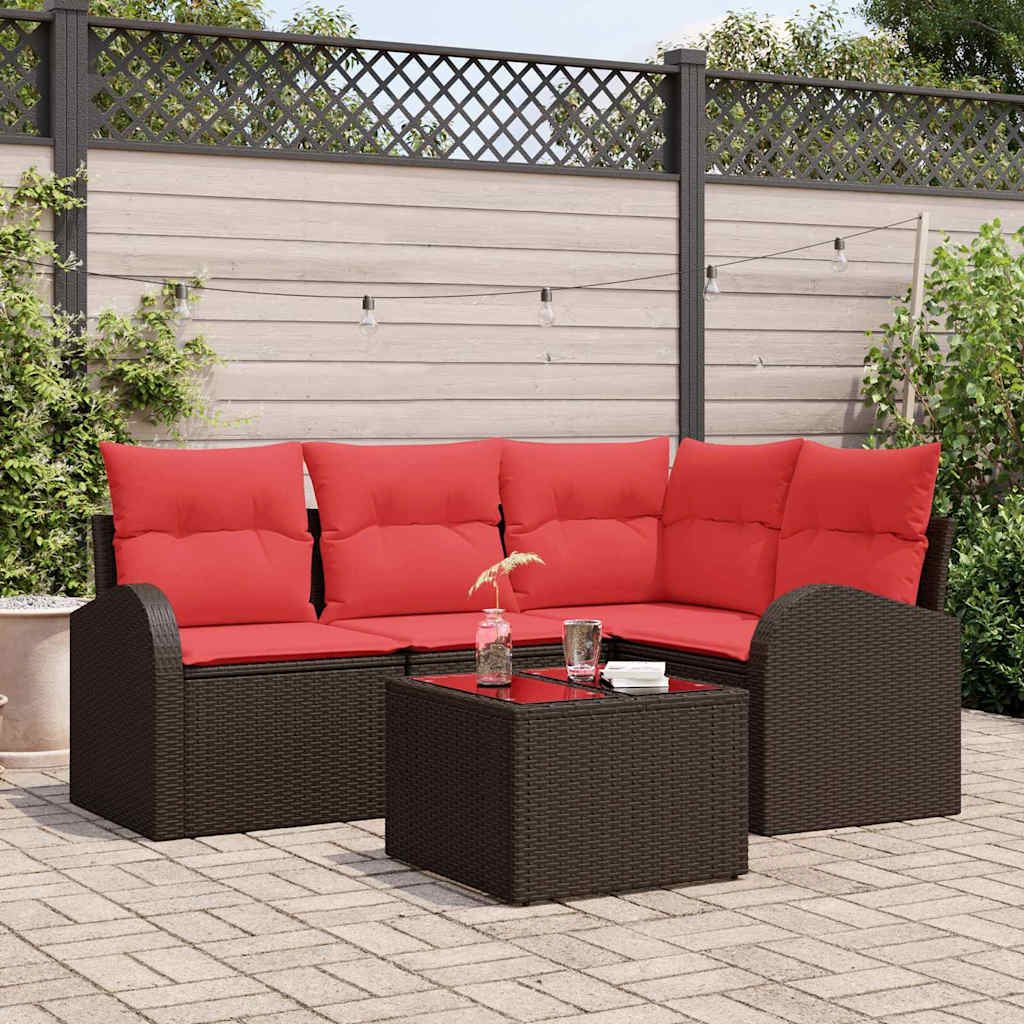 vidaXL Gartensofa-set mit Kissen 5 pcs Braun und Rot Poly-Rattan vidaXL Gartensofa-set mit Kissen 5 pcs Braun und Rot Poly-Rattan