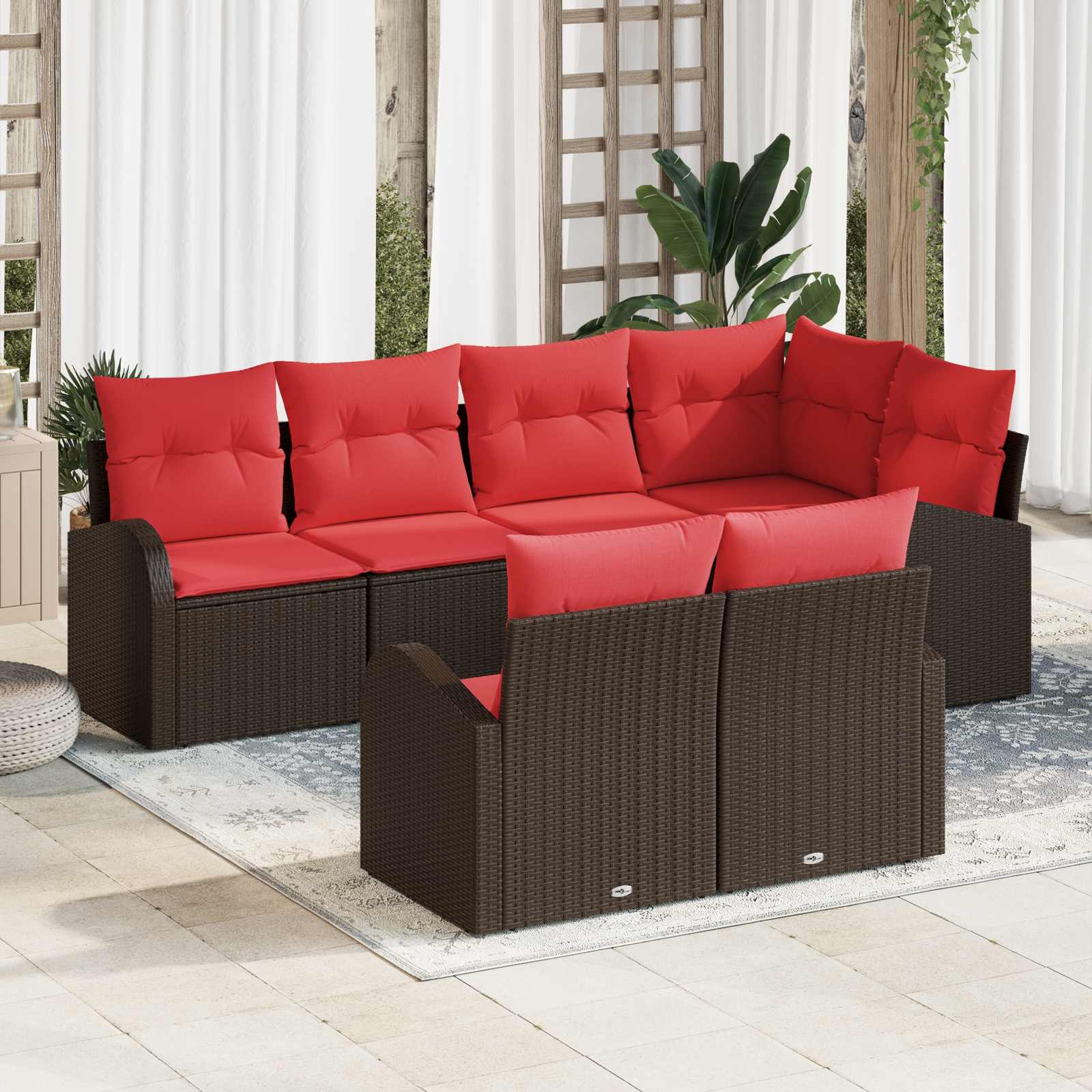 vidaXL Garten-Sofa-Set mit Kissen 7 pcs Braun und Rot Poly-Rattan