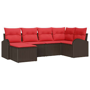 Set pohovek s polštářem 6 pcs Hnědá a červená polyratan - obrázek 2