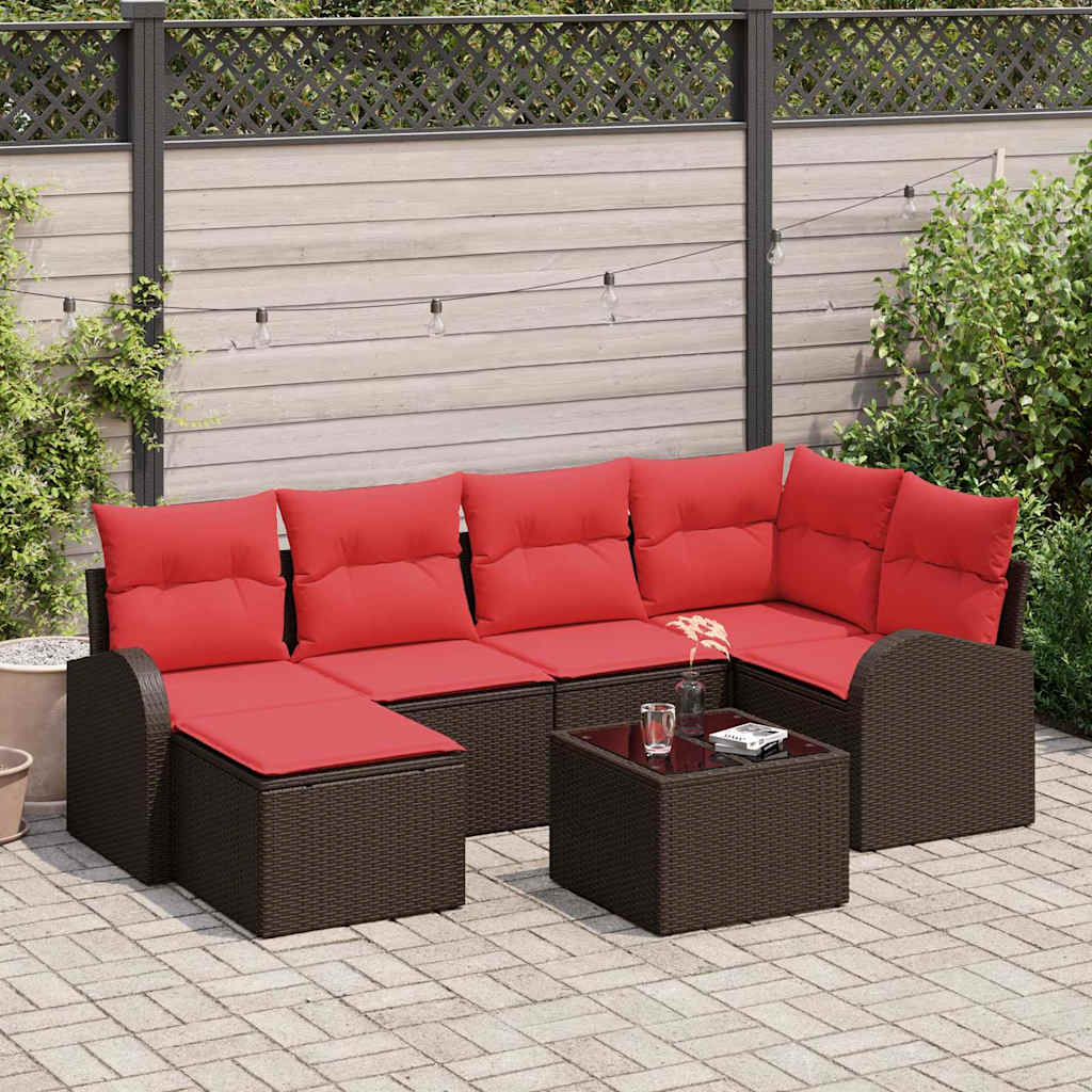 vidaXL Sofa Set mit Kissen 7 pcs Braun und Rot Poly-Rattan
