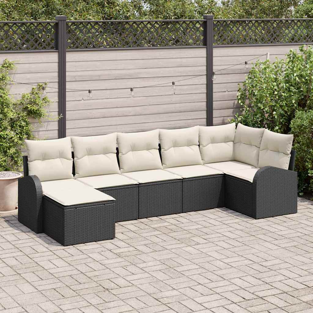 7-teiliges Garten-Sofa-Set mit Kissen Schwarz Poly-Rattan