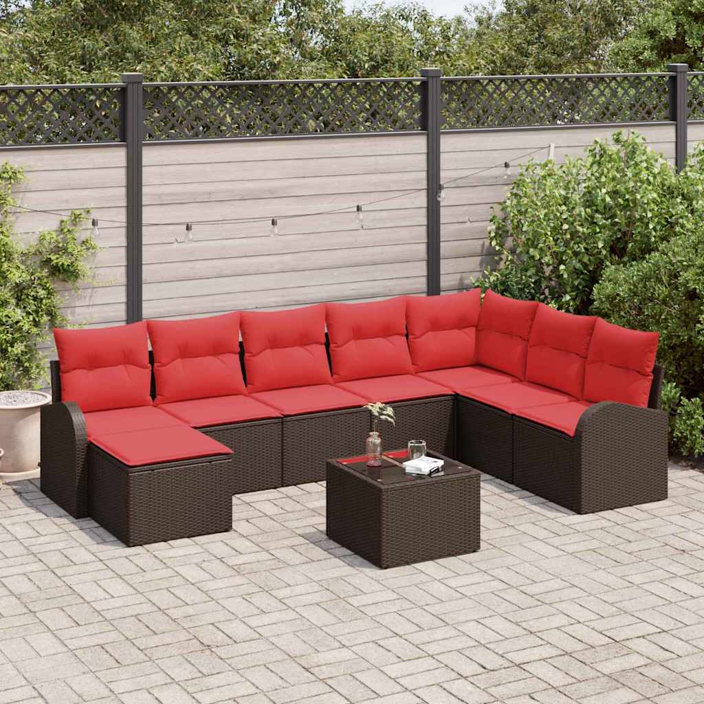 vidaXL Sofa Set mit Kissen 9 pcs Braun und Rot Poly-Rattan