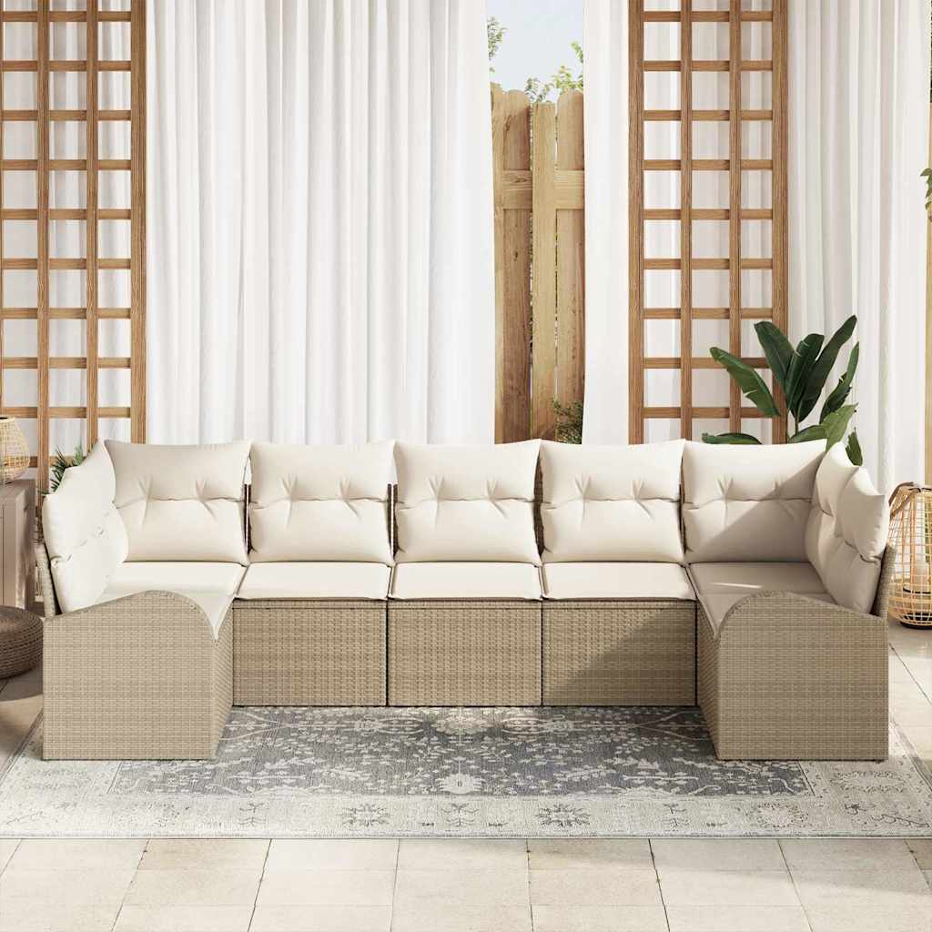 vidaXL 7-delige Tuinbankenset met kussens poly rattan beige