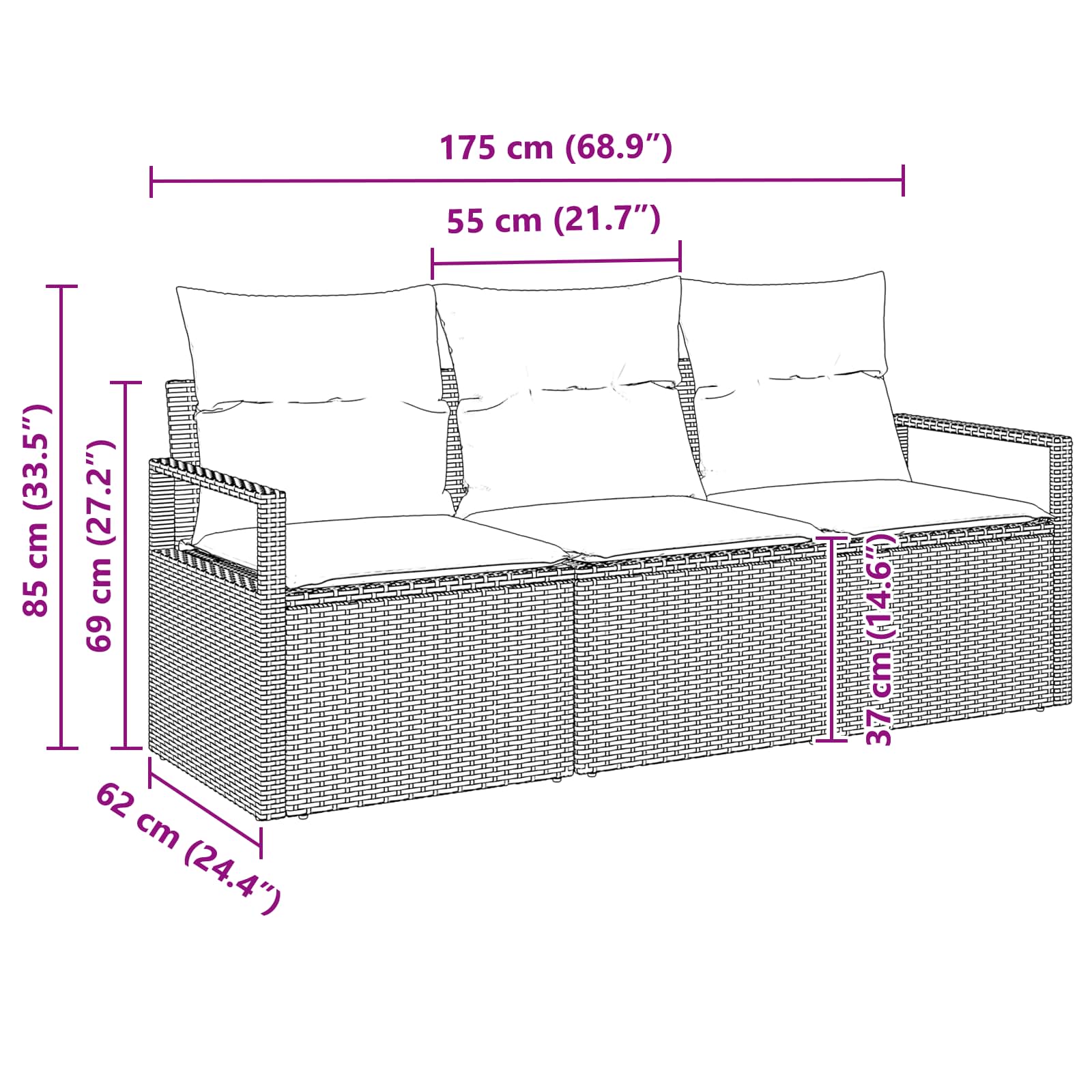 vidaXL Gartensofa-set mit Kissen 3 pcs Braun und Rot Poly-Rattan – Bild 10