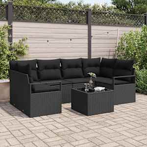 Vrtna sedežna garnitura 7 pcs Črna Poli ratan, jeklo in steklo