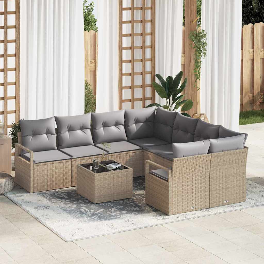 9-dele Have Sofa Sæt med Puder Beige Poly Rattan, vidaXL 2-personers Have Sofa med Opbevaring & Puder Beige Poly Rattan