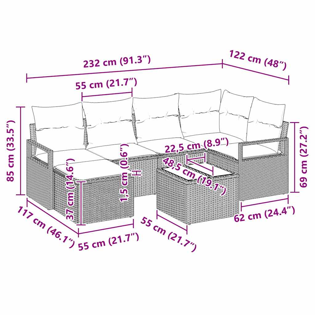 Set pohovek s polštářem 7 pcs Béžová a krémová polyratan - obrázek 15