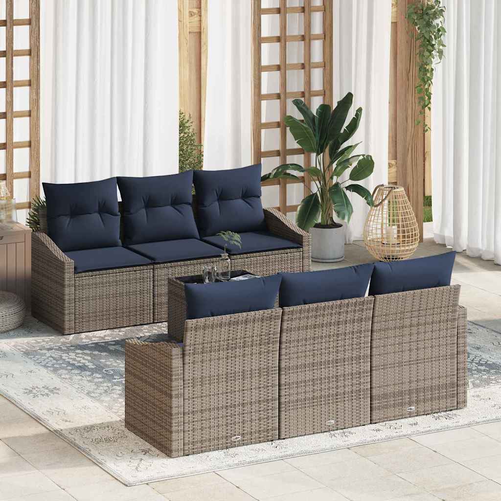 vidaXL Sofa Set mit Kissen 7 pcs Grau und Marineblau Poly-Rattan