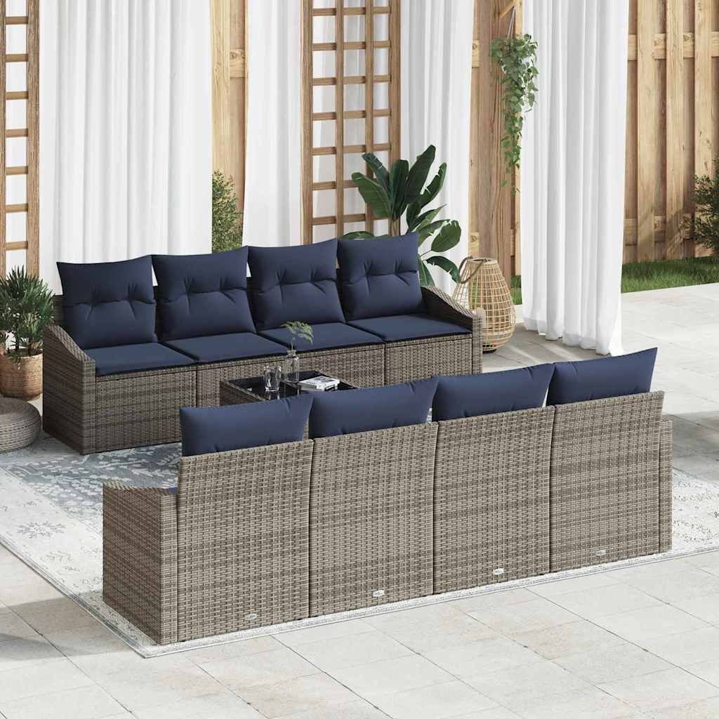 vidaXL Sofa Set mit Kissen 9 pcs Grau und Marineblau Poly-Rattan