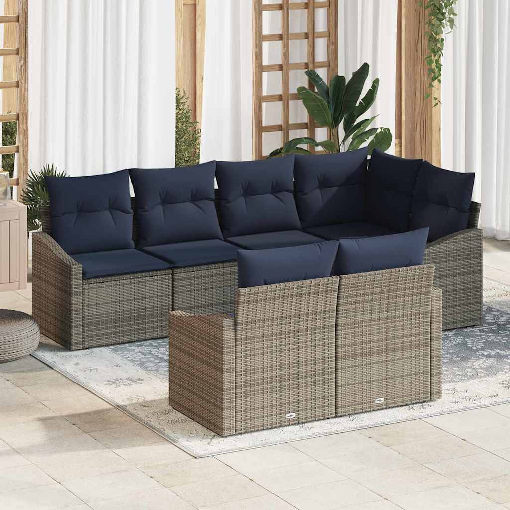 vidaXL Gartensofa-set mit Kissen 7 pcs Grau und Marineblau Poly-Rattan