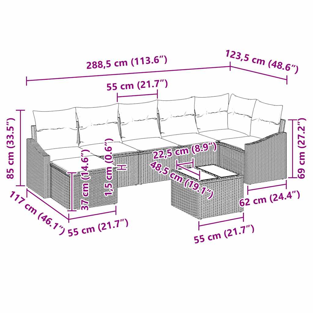 Sada zahradních pohovek s polštářem 8 pcs Černá polyratan - obrázek 15