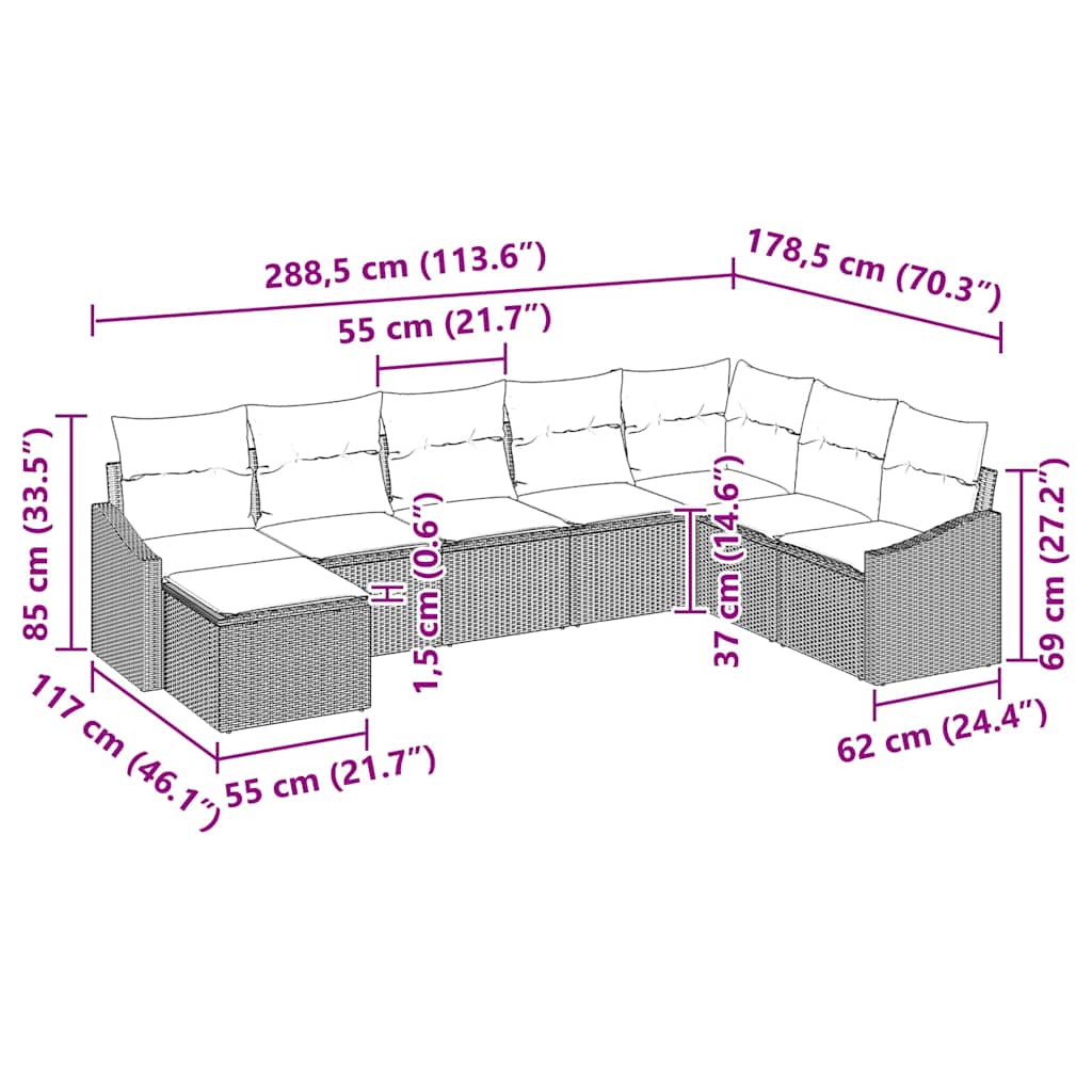 Sada zahradních pohovek 8 pcs Hnědá a krémová polyratan - obrázek 14