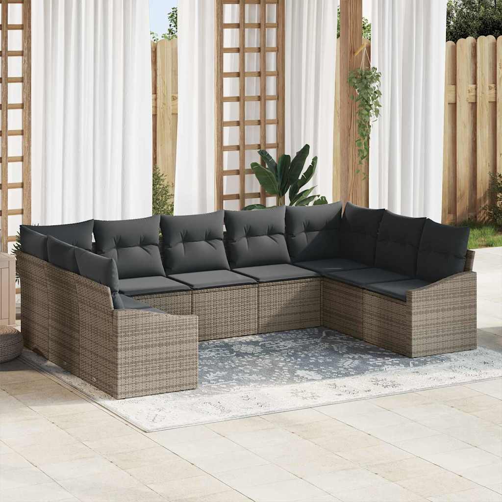 9 Частен градински dining set с възглавници Сив полибръш