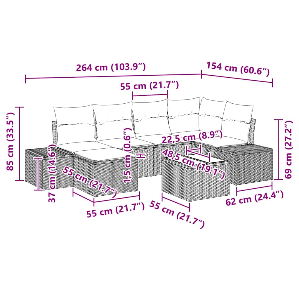 Sada zahradních pohovek s polštářem 6 pcs Černá polyratan - obrázek 15