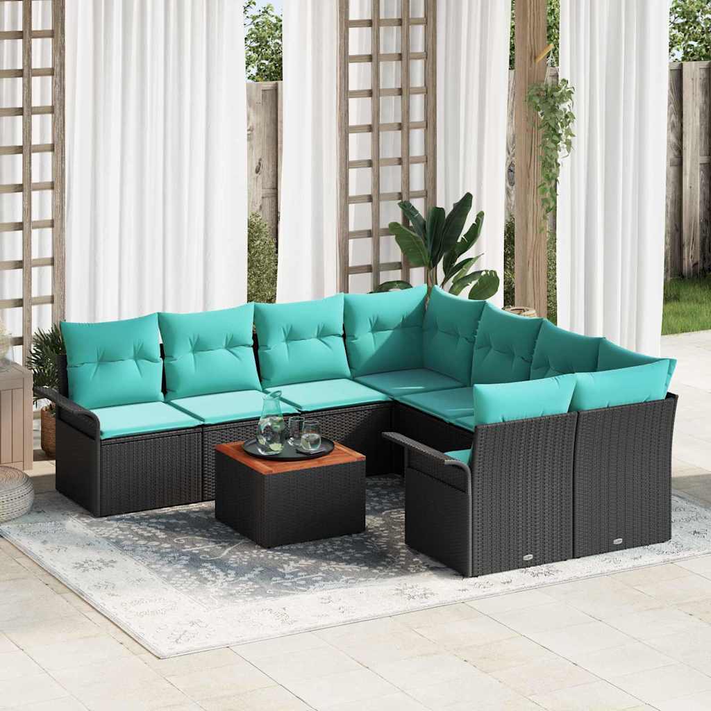 vidaXL Set de canapele pentru grădină 9 pcs Negru și Turcoaz poliratan