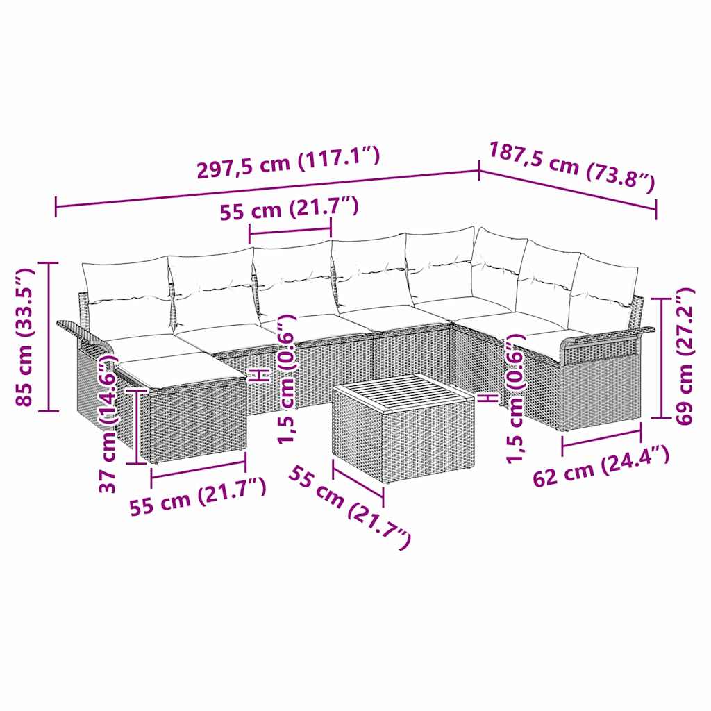 Sada zahradních pohovek s úložištěm 9 pcs Šedá polyratan - obrázek 15