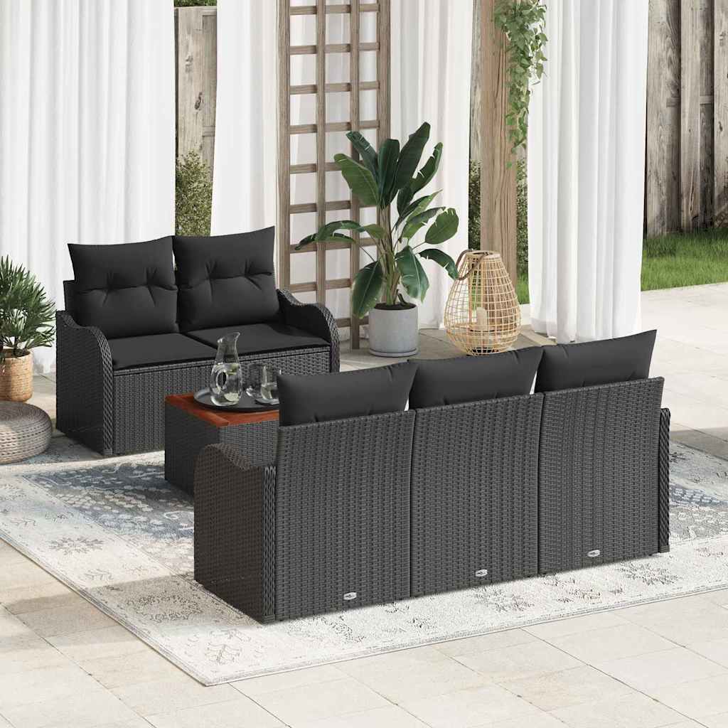 6 Piece Garden Sofa Set с Възглавници Черен Полиратан Акация, vidaXL 2-местен градински диван с място за съхранение и възглавници Черен Полиратан
