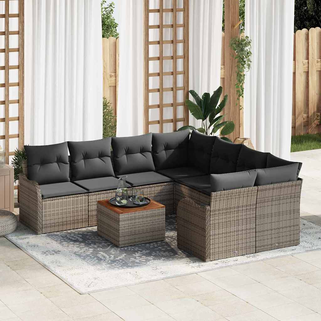 9-Teiliges Garten Sofa Set mit Kissen in Grau Poly Rattan und Akazie