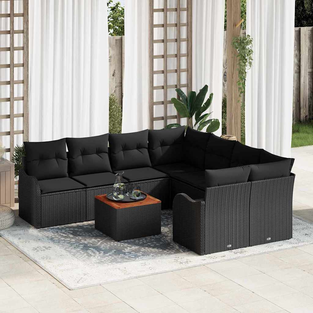 9 Stykker Have Sofa Sæt med Puder Sort Poly Rattan Akacie, vidaXL 2-Personers Have Sofa med Opbevaring & Puder Sort Poly Rattan