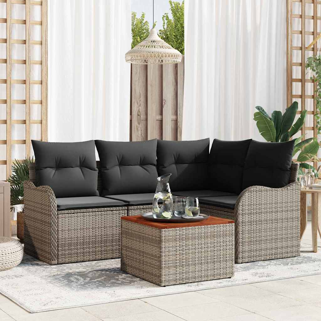 5 Stk Have Sofa Sæt med Puder Grå Poly Rattan Akacie, vidaXL 2-Sæders Have Sofa med Opbevaring & Puder Grå Poly Rattan