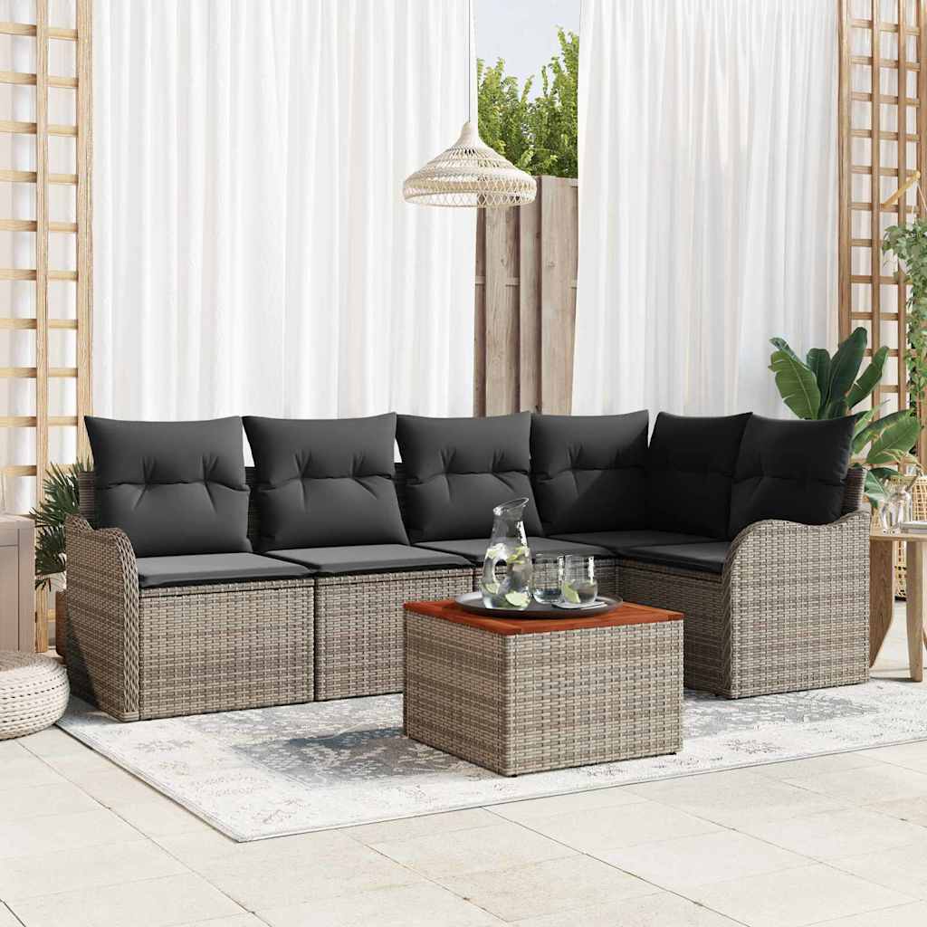 6-Teiliges Gartensofa Set mit Kissen Grau Poly Rattan Akazie