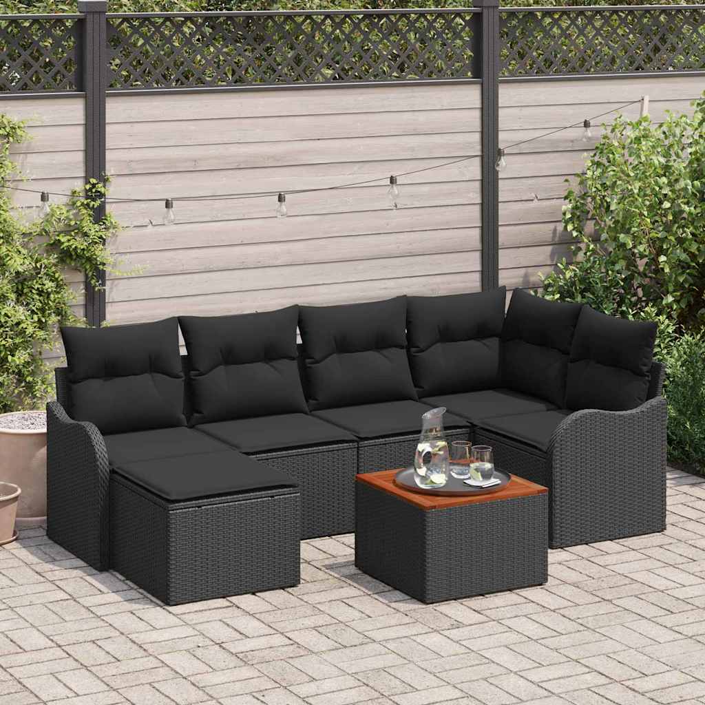 7-teiliges Garten-Sofa-Set mit Kissen Schwarz Poly-Rattan Akazie