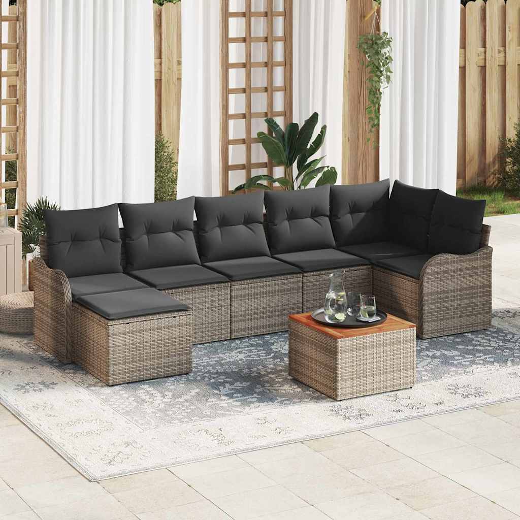 8-teiliges Garten Sofa Set mit Kissen Grau Poly Rattan Akazie