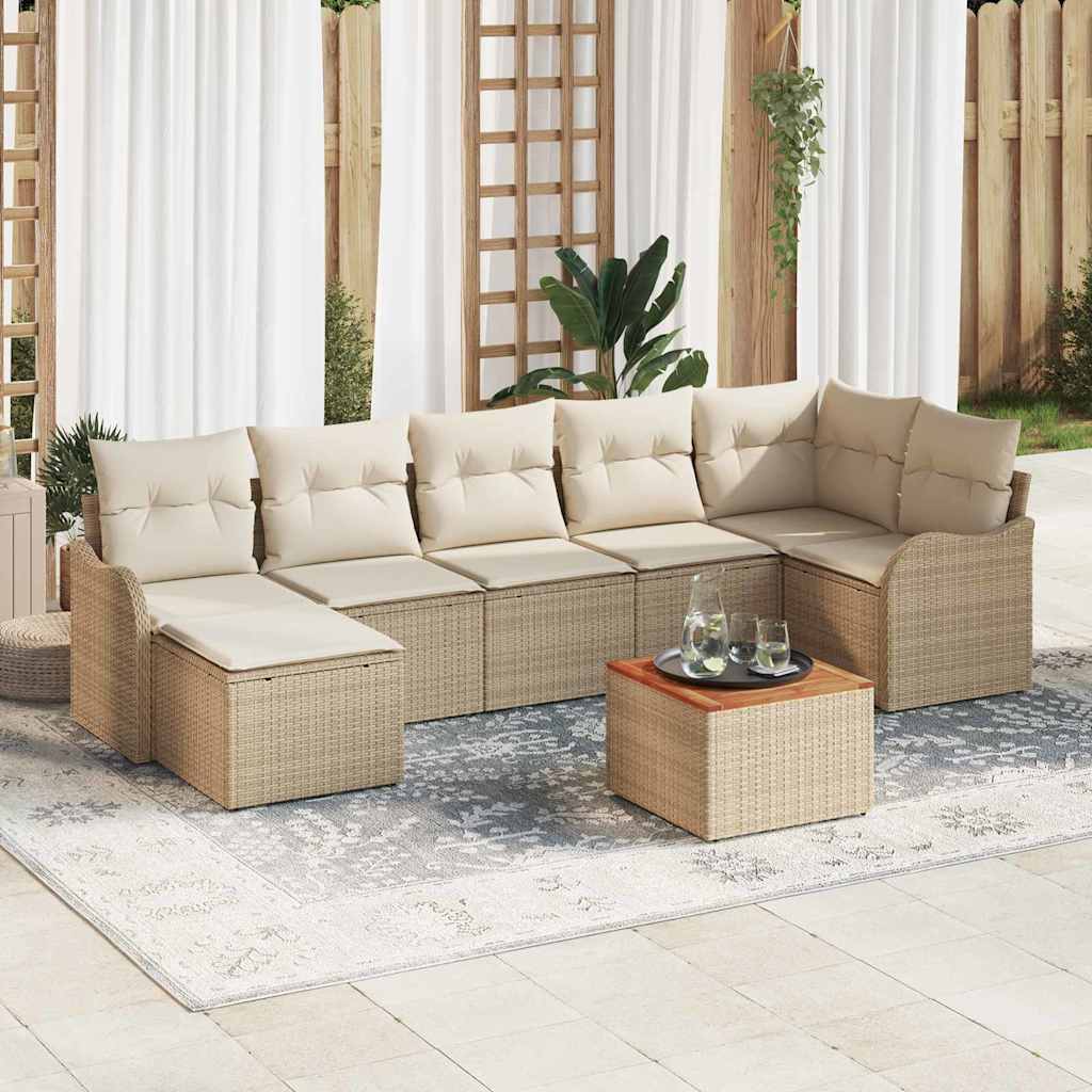 8-teiliges Garten Sofa Set mit Kissen Beige Poly Rattan Akazie