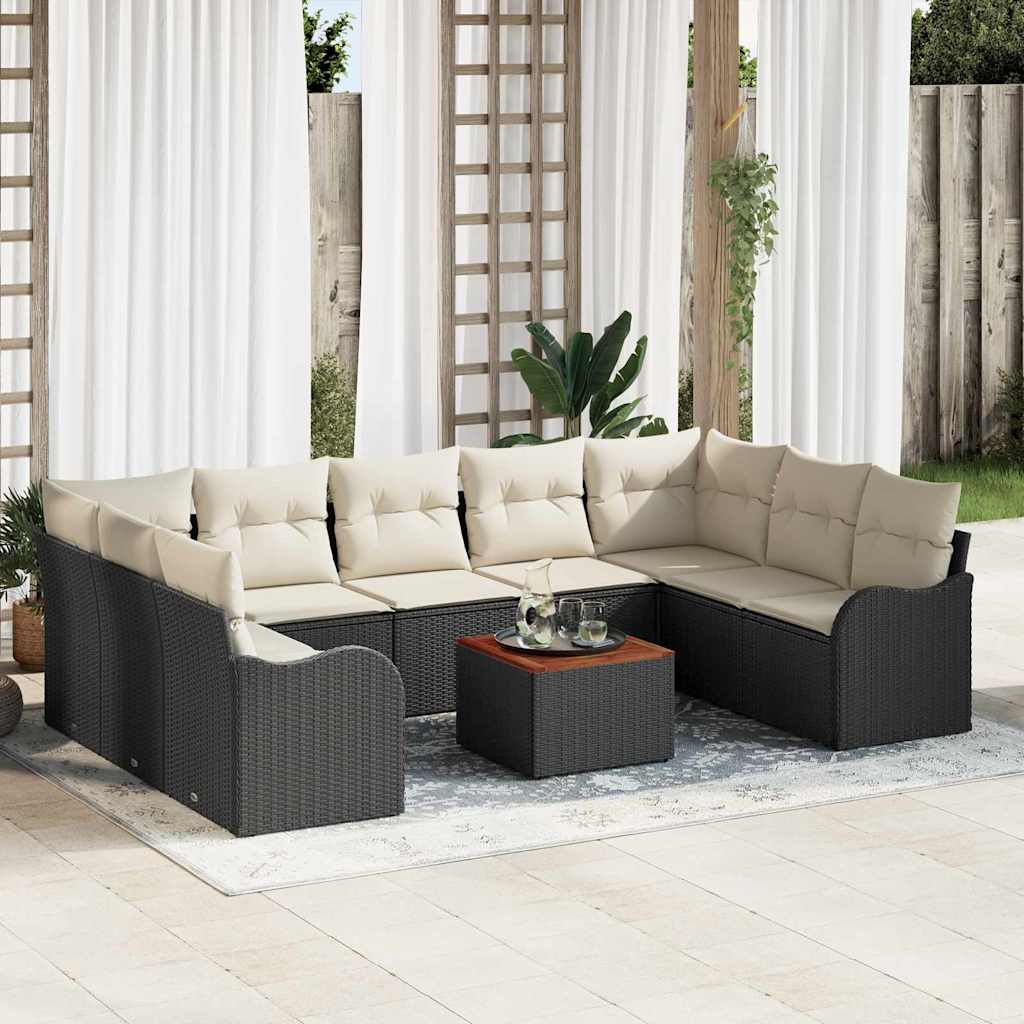 10 Stk Have Sofa Sæt med Puder Sort Poly Rattan Akacietræ, vidaXL 2-Sæders Have Sofa med Opbevaring & Puder Sort Poly Rattan