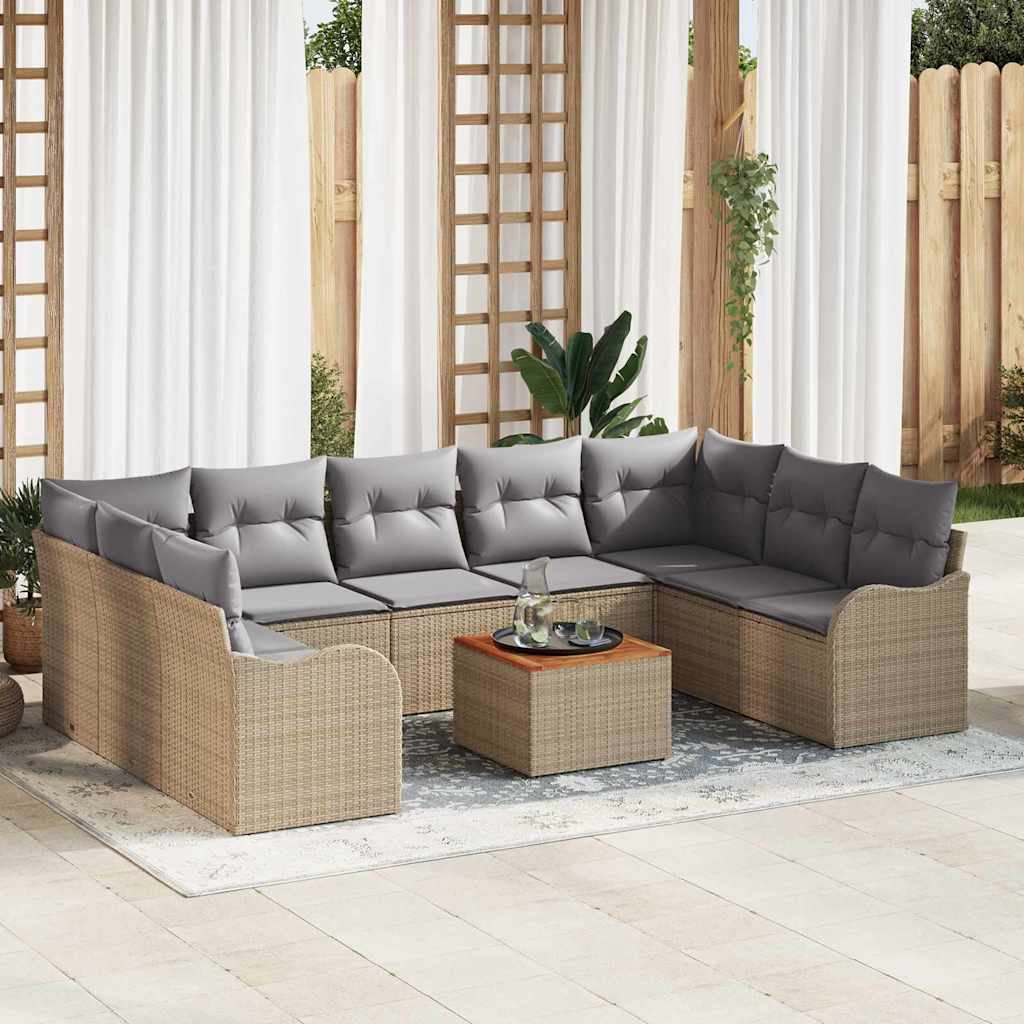 10 Stk. Have Sofa Sæt med Puder Beige Poly Rattan Akacie, vidaXL 2-Personers Have Sofa med Opbevaring & Puder Beige Poly Rattan